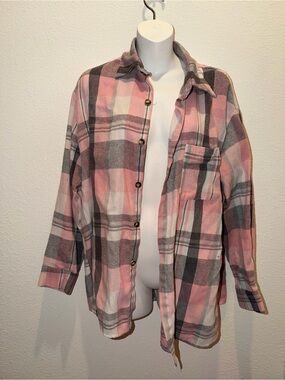 & Other Stories Pink and Gray Plaid Button-Up Shirt Jacket